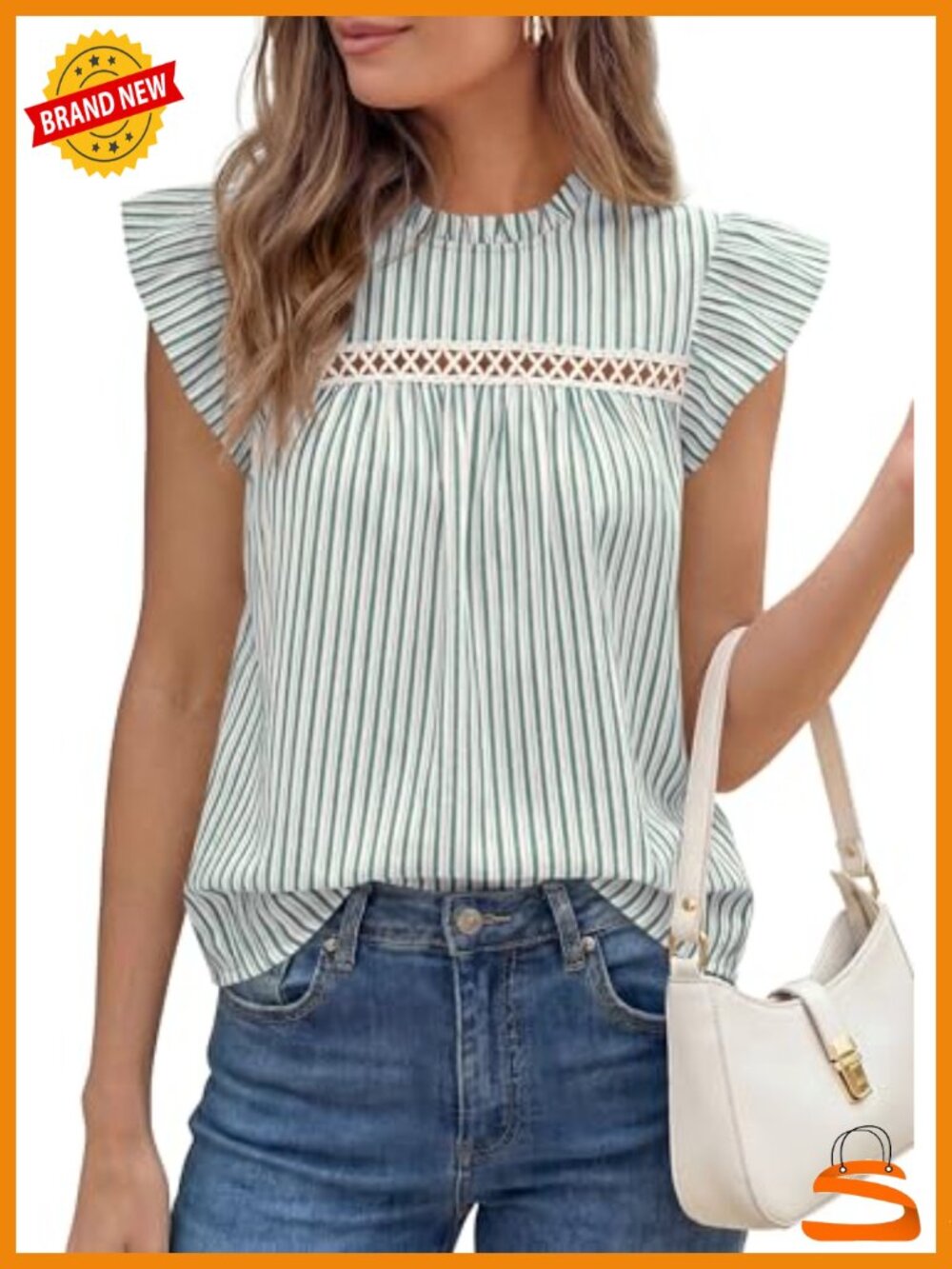 Striped Ruffle Cap Sleeve Blouse with Crochet Lace Trim